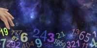 wide night sky space background with multicolored transparent numbers randomly placed along the bottom and a female hand choosing the number 19